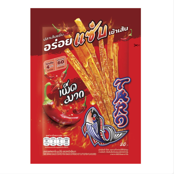 TARO Sauce Coated Fish Snack Extreme Hot Cuttlefish Flavor 18 g. - ทาโร ปลาสวรรค์ เส้นชุบน้ำจิ้ม รสปลาหมึก เผ็ดมาก 18 ก.